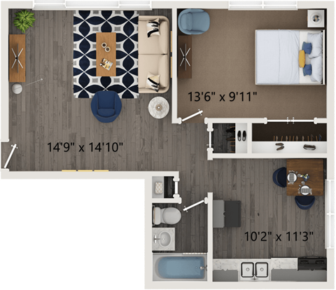 Floor plan for 1 bed, 1 bath, 675 sqft